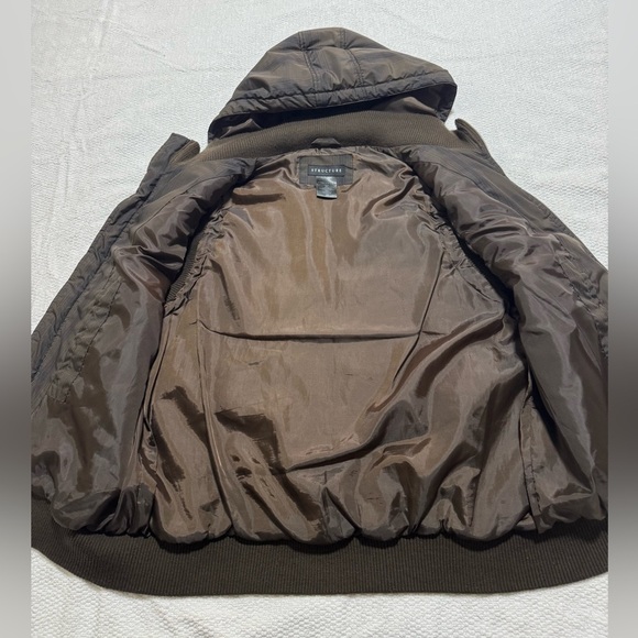 Vintage Structure Men’s Large Brown Nylon Puffer Vest Plaid Hooded Zip Pockets - Picture 5 of 11